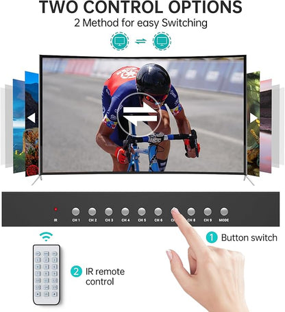 MT-VIKI 4K HDMI Multi-Viewer 9x1 w/IR Remote, 4K@30Hz Seamless HDMI Switcher 9 in 1 Out for PS4/PS5/Security Camera