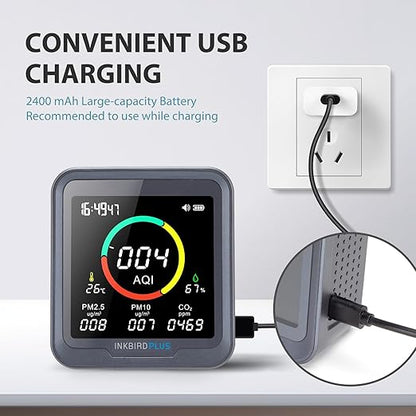 INKBIRDPLUS NDIR Indoor Air Quality Monitor with Battery Powered, Detector for Co2, Pm2.5, Pm10, Aqi, Temperature & Humidity,6-in-1 Air Quality Detector Meter for Home, Grow Tent Etc.