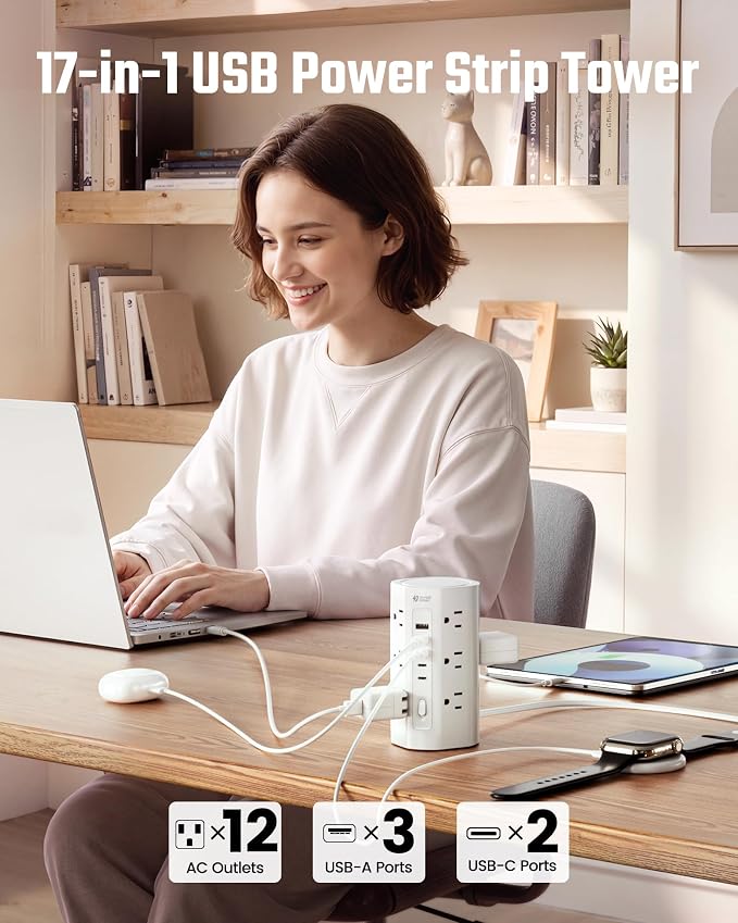 SUPERDANNY Tower Power Strip, 6.5Ft Extension Cord, 1700J,12 AC 5 USB,White | 3 USB A, 2 USB C, Surge Protector Power Tower, Flat Plug, Desk Charging Station with Multiple Outlets, Home Office Dorm Room