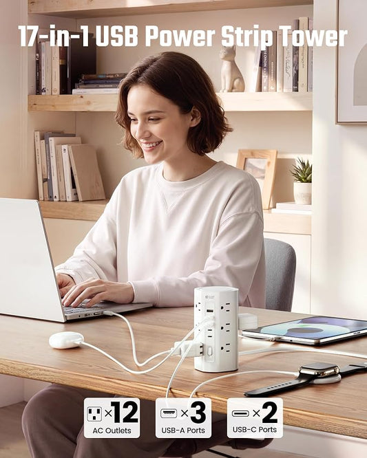 SUPERDANNY Tower Power Strip, 6.5Ft Extension Cord, 1700J,12 AC 5 USB,White | 3 USB A, 2 USB C, Surge Protector Power Tower, Flat Plug, Desk Charging Station with Multiple Outlets, Home Office Dorm Room