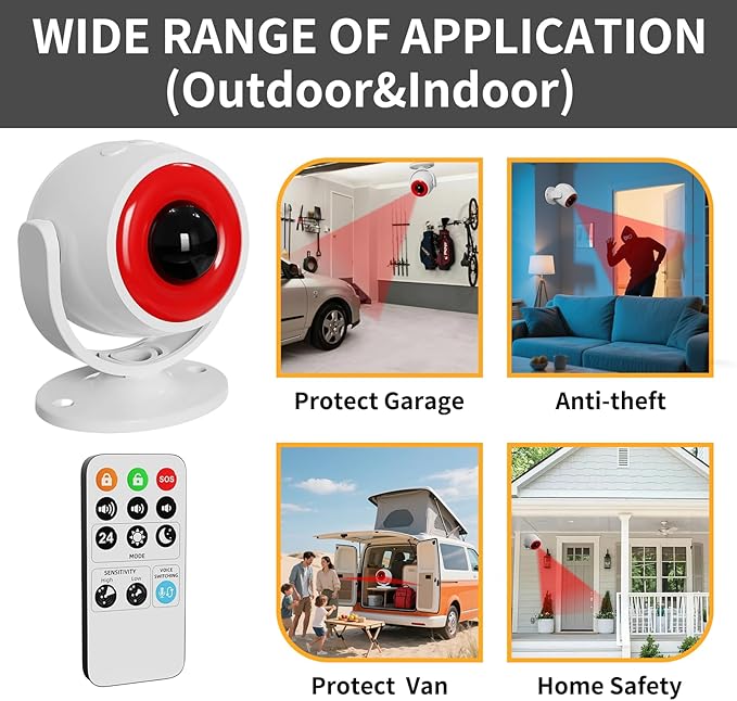 3 Pack Wireless Motion Detector Alarm for Indoor Use, PIR Motion Sensor with Sound Player for Pets, Dogs & Animal Deterrent, Intruder Alert & Remote Safety System, Noise Maker Sensor de Movimiento