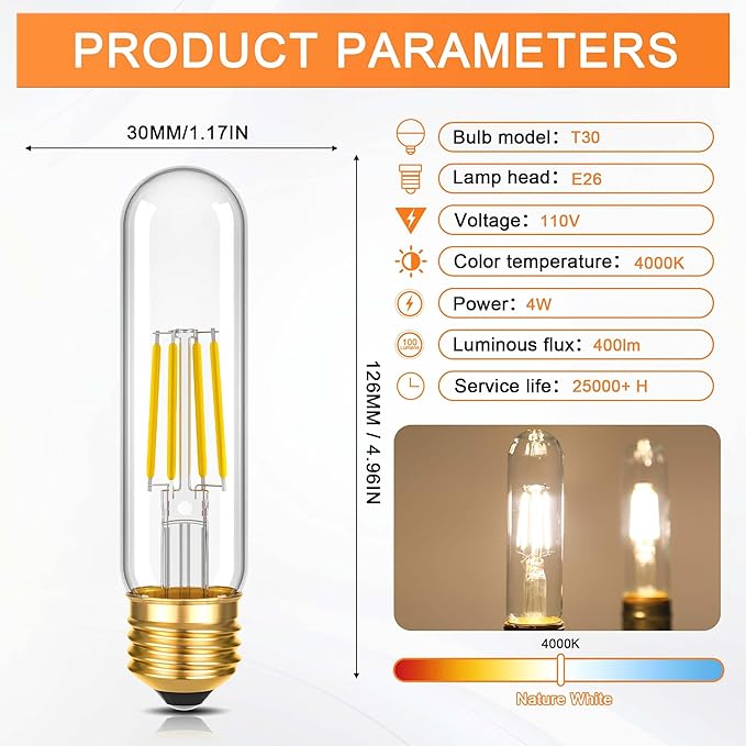 ToBeGreat T30 Light Bulbs 4 Watt Equivalent 40W Bulb E26 Tubular Bulbs T10 LED Bulb Daylight White 4000K,Desk Lamp,Bedbroom Bathroom Dimmable,Chandelier (Clear-Daylight, 5 in (6pack))
