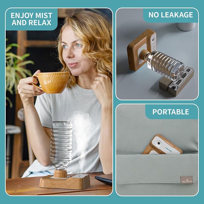 Travel Humidifier, Portable Humidifier for Plants, Bedroom, Office, Hotel or Car, Battery Operated Mini Cool Mist Humidifiers, Quiet 23dB, Auto-off, Night Light & BPA-Free, Wood Grain
