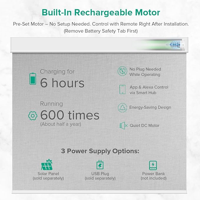Motorized Roller Shades, 10O% Blackout Remote Control Custom Window Shades Compatible with Alexa Google Assistant via RF Hub, Rechargeable Electric Blinds for Windows (Fabric Light Grey)