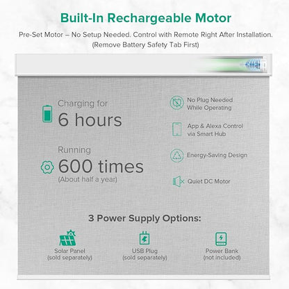 Motorized Roller Shades, 10O% Blackout Remote Control Custom Window Shades Compatible with Alexa Google Assistant via RF Hub, Rechargeable Electric Blinds for Windows (Fabric Light Grey)
