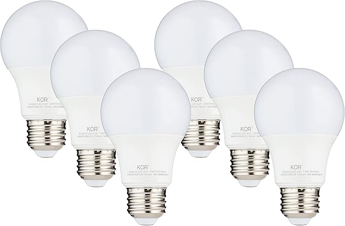 KOR 6 Pack A19 LED Light Bulb, 60W Equivalent, 3000K Soft White, 800 Lumens, Efficient 9 Watt Replacement Bulbs with E26 Standard Base, 15000 Long Life Hours, Non-Dimmable, 80+ CRI, UL Listed