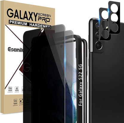Esanik Privacy Screen Protector for Samsung Galaxy S22 6.1 Inch [2 + 2 Pack], 2 x PET Anti Spy Screen Cover [Not Glass] + 2 x Camera Lens Tempered Glass