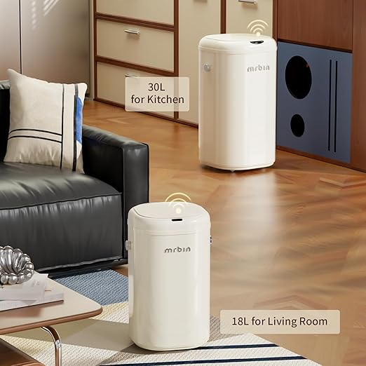 MRBIN Adsorption Metal Kitchen Motion Sensor Trash Can Removable, 18L / 4.8gal Automatic Absorbing Bag Lidded Garbage Bin with Wheels, Commercial Waste Basket for Office and Bedroom, Bathroom, White