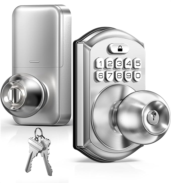 TEEHO TE003 Keyless Entry Keypad Door Lock with Handle, Electronic Digital Smart Deadbolt Locks with 2 Backup Keys, Door Knob with Code for Front Door Bedroom, Auto Lock, Easy to Install, Satin Nickel