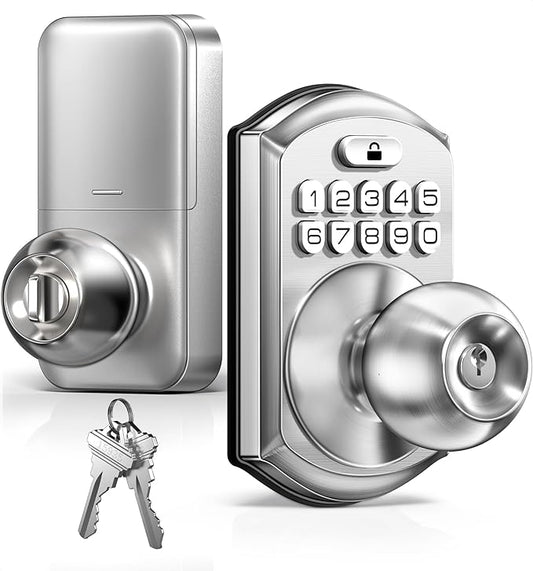 TEEHO TE003 Keyless Entry Keypad Door Lock with Handle, Electronic Digital Smart Deadbolt Locks with 2 Backup Keys, Door Knob with Code for Front Door Bedroom, Auto Lock, Easy to Install, Satin Nickel