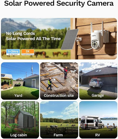 Solar Security Cameras Wireless Outdoor: 2K 4MP AOV 24/7 Continuous Recording Security Camera Wireless, 2.4G/5G Dual Band WiFi Camera with SD Card, Solar Powered, Color Night Vision, 2-Way Talk