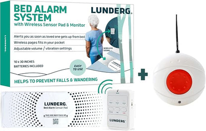 Lunderg Bed Alarm System with Call Button, Wireless Bed Sensor Pad (10" x 30") & Pager - Bed Alarms and Fall Prevention for Elderly