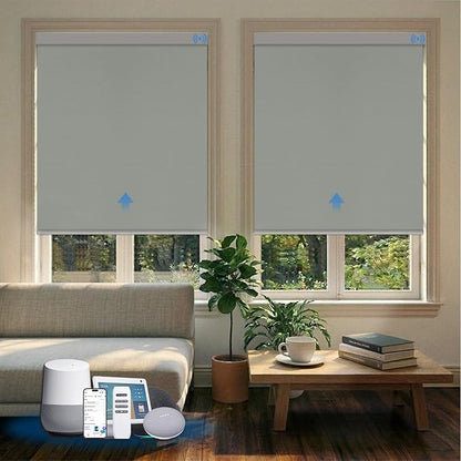 Motorized Blinds with Remote, Blackout Smart Blinds for Windows Automatic Roller Shades Compatible with Alexa, Motorized Shades Customized for Bedroom Home Office (Blackout-Vinyl Light Grey)