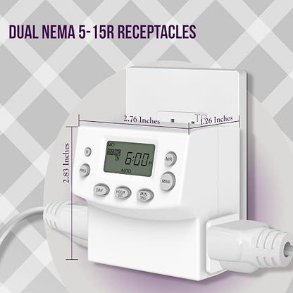ENERLITES Heavy Duty Indoor Digital Timer Outlet, UL Listed, 2 Pack | 3 Prong Plug in Timers for Electrical Outlets, Lamps, Fans, Grounded Outlet, 7 Day Random, 120V 15A 1200W