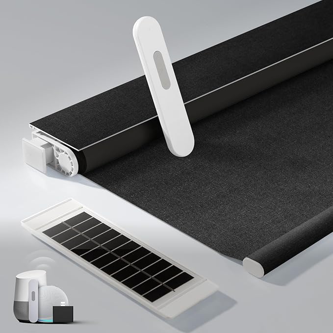 No Drill Motorized Blinds with Remote, Blackout Automatic Blinds with Solar Panel, Cordless Smart Electric Roller Shades for Windows, Black, 46½ x 72