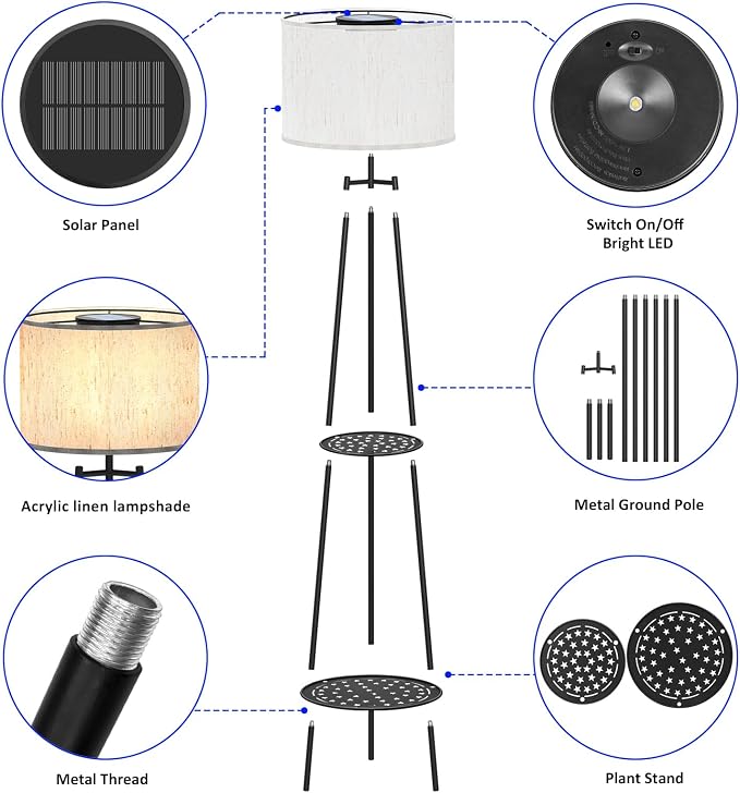 MXwcy 2Pack Solar Outdoor Floor Lamps with Plant Shelves, Waterproof Solar Standing Lamps for Patio Porch Garden Yard, Auto On/Off Warm LED Outdoor Floor Lights, Cordless 2-Tier Plant Stand Decor