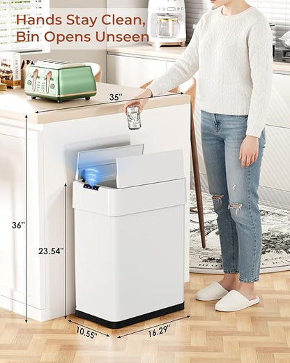 TLSUNNY 13.2 Gallon Automatic Trash Can, Stainless Steel Motion Sensor Garbage bin, Smart Trash Can W/Butterfly Lid, Bag Retainer Ring and Display Light for Living Room,Kitchen,Office (White, 50L)