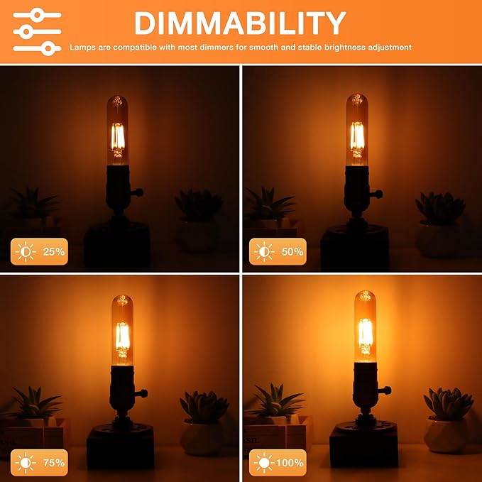 ToBeGreat T30 Light Bulbs 4 Watt Equivalent 40W Bulb E26 Tubular Bulbs T10 Amber LED Bulb Warm White 2200K Chandelier Desk Lamp Kitchen Bedbroom Bathroom,Dimmable,2 Pack