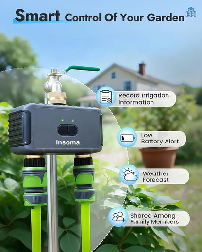 Insoma 2-Zone WiFi Water Timer Brass Inlet Outlet, Smart Sprinkler Timer, No-Gateway 2.4GHz, APP Remote Control WiFi Hose Timers, Voice Control with Alexa, Rain Delay and Manual Mode for Lawn Watering