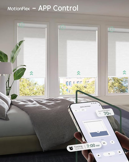 Yoolax Motorized Shades Dual Control, MotionFlex Motorized Roller Shades with App & Manual Control, Pull Down Automatic Shades for Indoor Windows, Custom Size(Light Filtering Jacquard White)