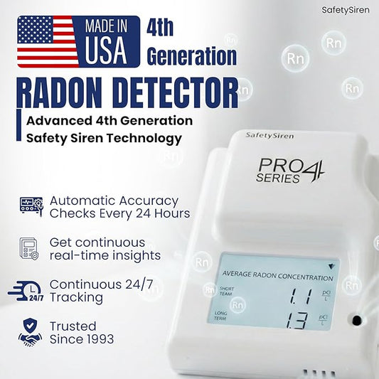Safety Siren Pro4 Radon Gas Detector for Home, Continuous Indoor Radon Monitoring with Digital Display, LED Alerts, Long-Term Tracking and Alarm Functions - Pack of 3
