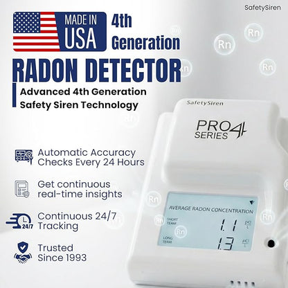 Safety Siren Pro4 Home Radon Gas Detector, Continuous Monitoring for Indoor Use with LED Indicators and Long-Term Radon Tracking, Real-Time Alerts, Digital Display and Alarm Function - 2 Pack