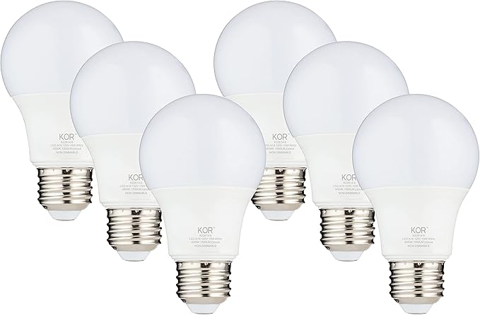KOR 6 Pack A19 LED Light Bulb, 100W Equivalent, 4000K Cool White, 1500 Lumens, Efficient 15 Watt Replacement Bulbs with E26 Standard Base, 10000 Long Life Hours, Non-Dimmable, 80+ CRI, UL Listed