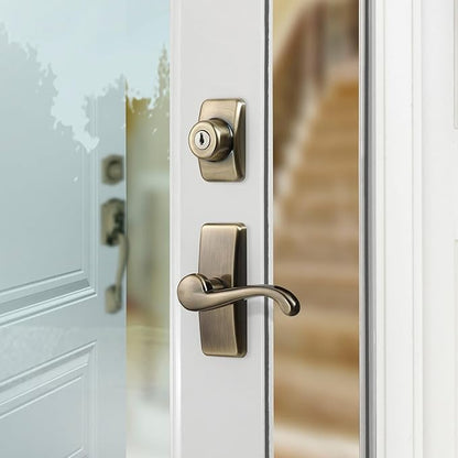 Ideal Security GL Door Lever Set with Keyed Deadbolt Lock for Storm and Screen Doors, Antique Brass (4-Piece Set)