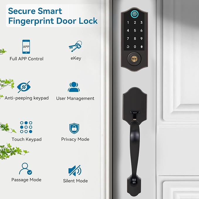 Fingerprint Smart Door Lock for Front Door with Handle Set, App Control, Keyless Entry Keyless Deadbolt, Digital Electronic Touchscreen Keypad, Auto Lock, Aged Bronze