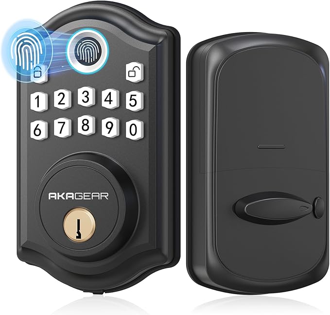 AkaGear Keyless Entry Door Lock with Fingerprint - Door Locks with 2 Keys, Electronic Keypad Deadbolt, Smart Door Locks, Smart Locks for Front Door, Auto-Lock & One Touch Locking - Matte Black