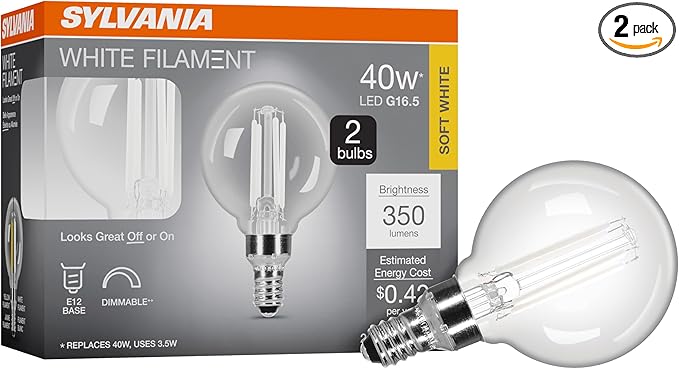 Sylvania G16.5 Clear Globe LED White Filament Bulb, 3.5W, Dimmable, 350 LMS, Candelabra Base, 2700K, Soft White - 2 Pack (42243)