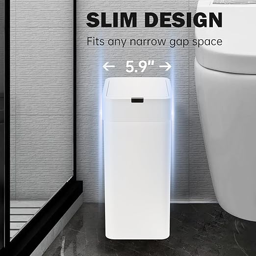 SYNCVIBE 2 Pack Bathroom Trash Can with Lid - 2.5 Gal and 4 Gal Motion Sensor Garbage Bin, Smart Rubbish Bin, Waterproof Slim Dustbin, Automatic Plastic Trash Can for Bathroom, Office, White