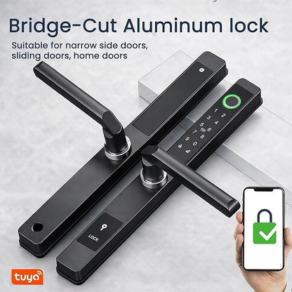 Smart Door Lock with Handle - Keyless Entry Fingerprint & Touchscreen Keypad - App Control, Alexa & Google Home Compatible - Waterproof Sliding Door Patio, Wood, Aluminum Slim Door - DIY Black