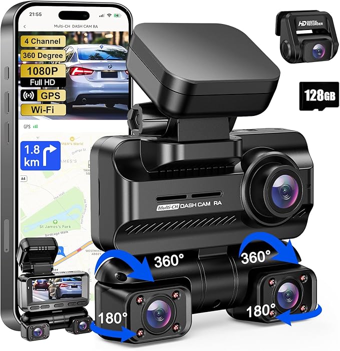 Dash Cam 4 Channel 360° Front Rear Inside DashCam, 4K Full HD Dashcam Car Camera, Free 128GB Card, Built-in Wi-Fi GPS Dashcams, 3.18” IPS Screen, WDR Night Vision, 24H Parking Mode (XJDC001)