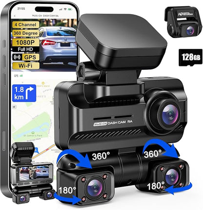 Dash Cam 4 Channel 360° Front Rear Inside DashCam, 4K Full HD Dashcam Car Camera, Free 128GB Card, Built-in Wi-Fi GPS Dashcams, 3.18” IPS Screen, WDR Night Vision, 24H Parking Mode (XJDC001)
