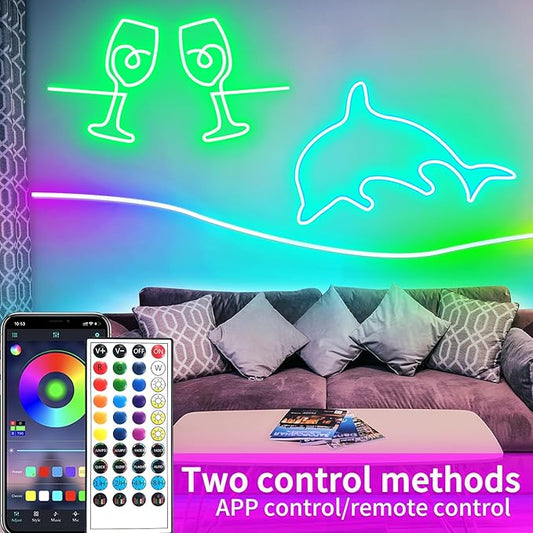 segrass 100ft LED neon Lights with Remote APP Control IP65 Waterproof Flexible Neon LED Strip Lights 24v RGB LED neon Rope Lights for Bedroom Room Outdoors Decor（2 Rolls of 50ft