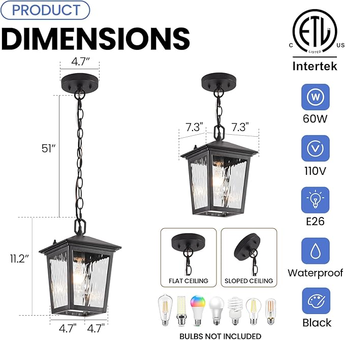 Outdoor Pendant Light, Black Outdoor Porch Light fixtures with Anti-Rust, Exterior Hanging Lantern, Height Adjustable Outside Chandelier with Water Glass for House Patio Garage