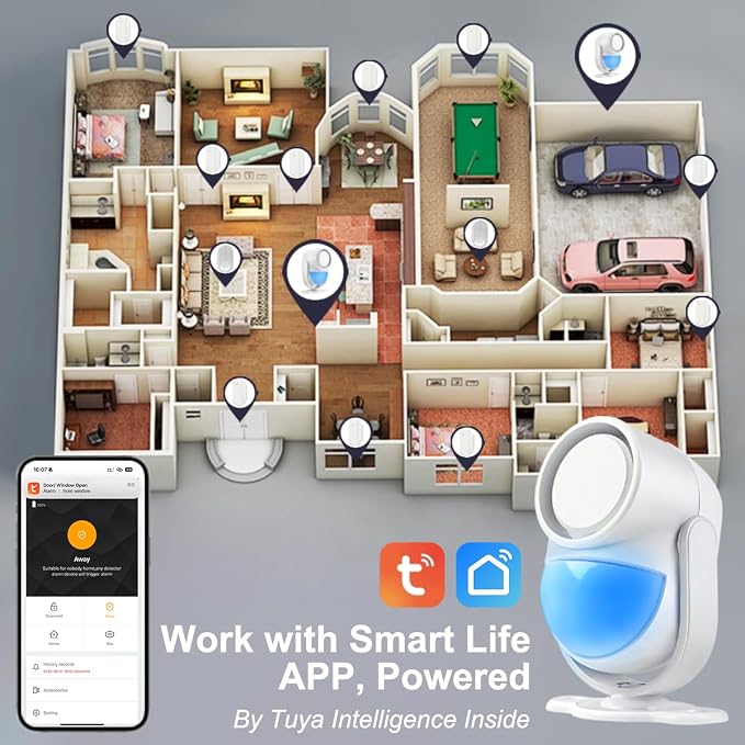 WiFi PIR Motion Detector Alarm with 4 Door Sensors and 2 Remote, Home Alarm System with Phone APP Alert for Home Ranch Van Carport Shop120db Extra Loud