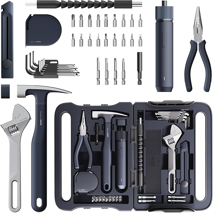 HOTO 40-Piece Tool Kit for Dorm, Household Essentials Tool Set | 14 Tools & 26 Accessories, Smart Electric Screwdriver (LED, 3 Torque), Pro-Grade Compact Organizer