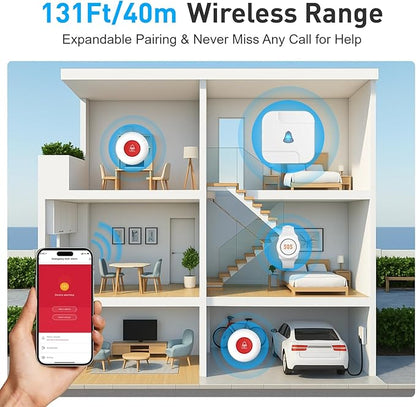 WiFi Caregiver Pager System with Emergency Button for Elderly - 1 SOS Alert Watch + 2 Wireless Call Buttons + 1 Receiver for Seniors Patient Disabled Kids (2.4GHz WiFi, No Monthly Fee)