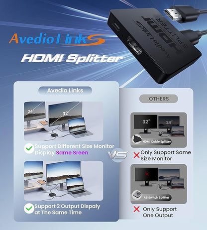 avedio links HDMI Splitter 4K@60Hz, HDMI Splitter 1 in 2 Out-Not Extended Display(Only Mirror Screens), Support 3D Dol-by Vision Atmos HDMI2.0b, HDCP2.2, 18.5Gbps, Auto Downscaling, Full HD 1080P