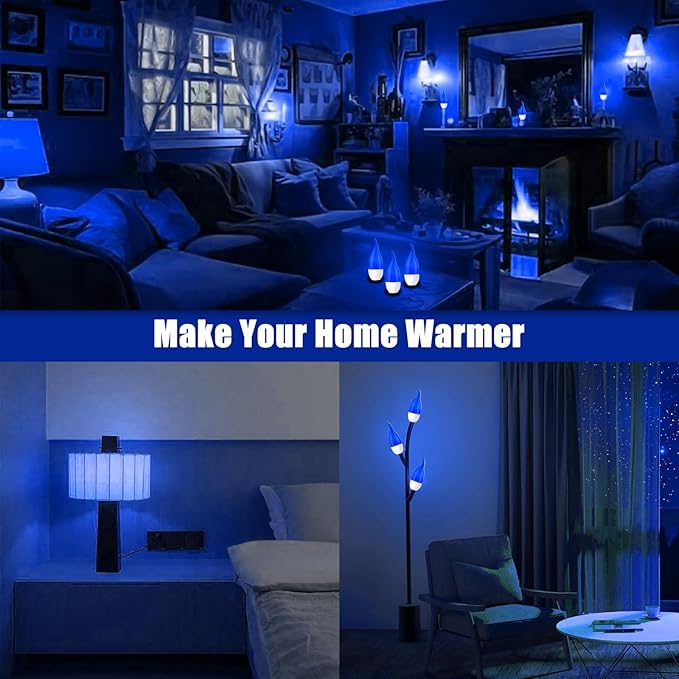 Bestview LED Flame Effect Light Bulbs,3 Modes Flickering Light Bulbs, Smart E12 Chandelier Base Candle Fire Light Bulb for Halloween, Christmas,Party, Porch Indoor&Outdoor Decoration -6 Pack(Blue)