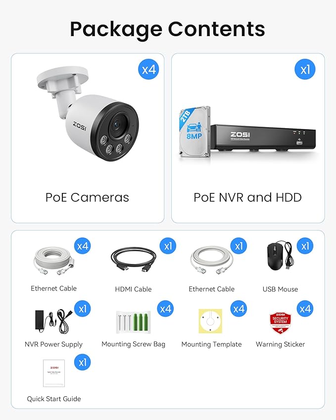 ZOSI 4K PoE Security Camera System, 4pcs 8MP Indoor Outdoor Wired Cameras with Audio, Smart Person Vehicle Detection, People Counting, Night Vision, 8CH CCTV NVR with 2TB HDD for Home 24/7 Recording