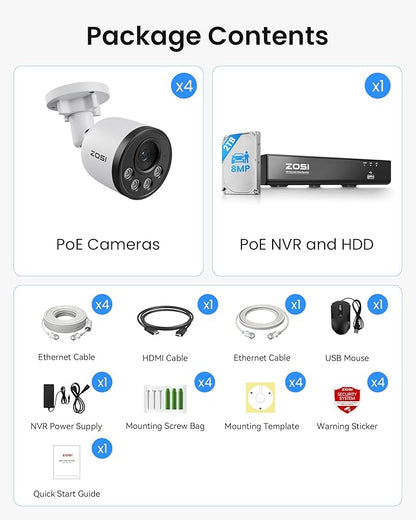 ZOSI 4K PoE Security Camera System, 4pcs 8MP Indoor Outdoor Wired Cameras with Audio, Smart Person Vehicle Detection, People Counting, Night Vision, 8CH CCTV NVR with 2TB HDD for Home 24/7 Recording