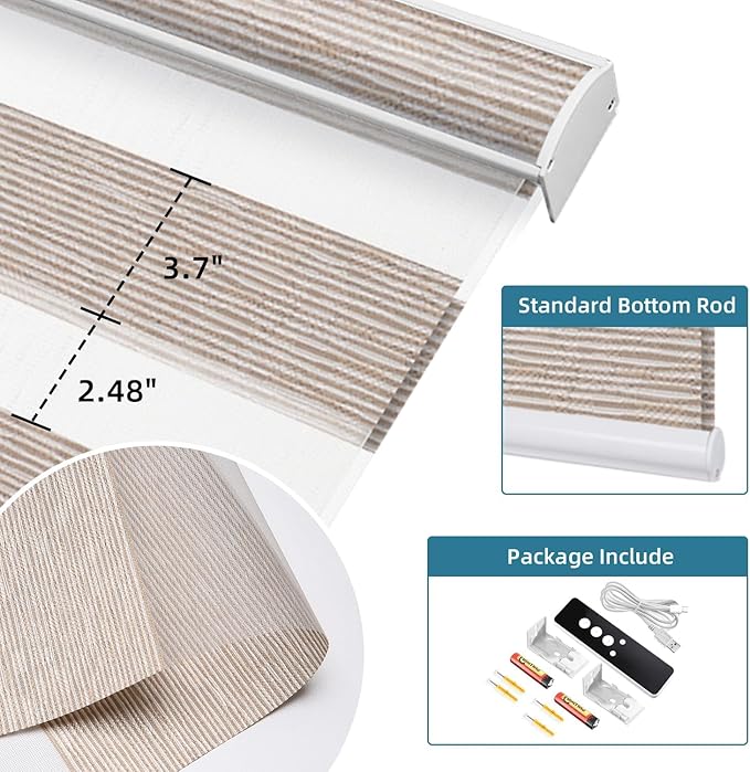 SmartWings Motorized Zebra Blinds with Remote, Custom Size Smart Electric Roller Shades for Windows, Automatic Light Filtering Dual Layer, Cordless Battery Motor, 95mm 60% Blackout Gold