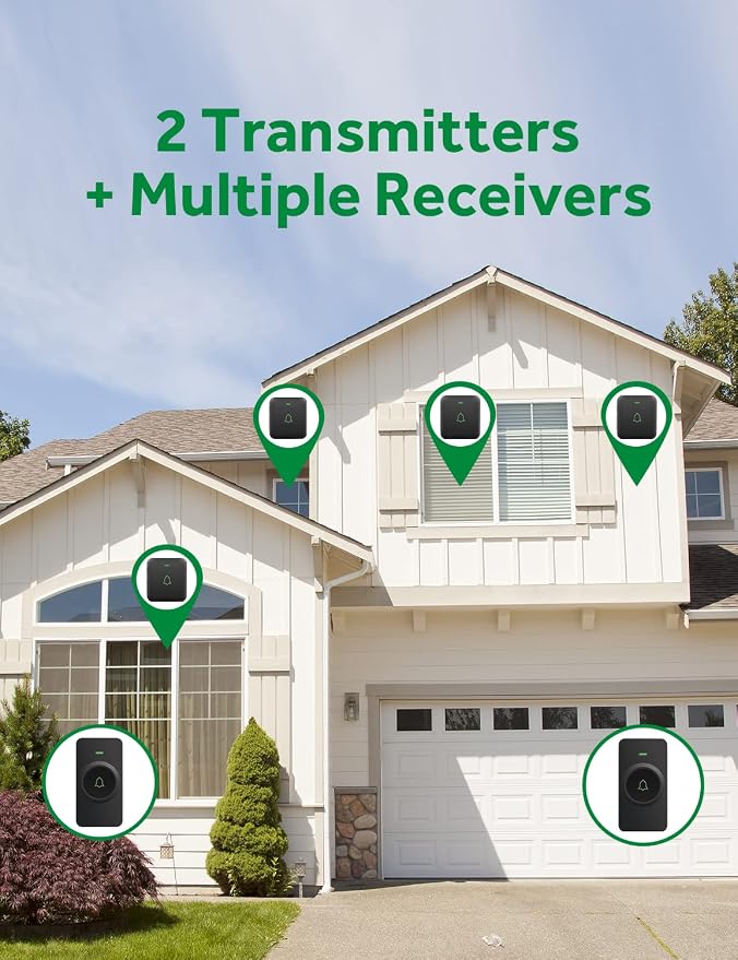 AVANTEK Wireless Doorbell, 1000 ft Range, 1 Button + 2 Receivers, Black