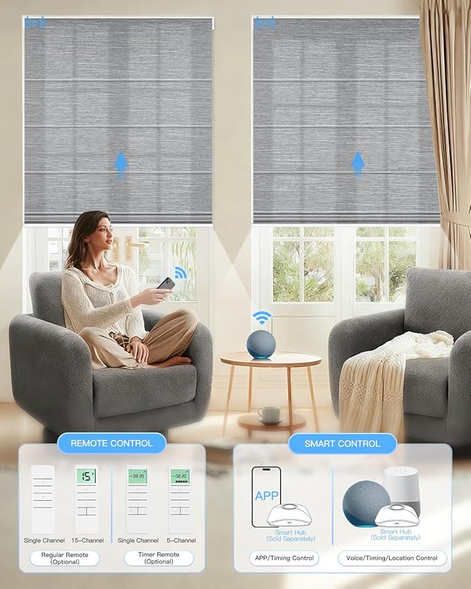Motorized Roman Shades for Windows, Custom Light Filtering Roman Blinds with Remote, Smart Privacy Window Shades for Living Room Kitchen Office, Alexa & Google Home Compatible, App Control via RF Hub