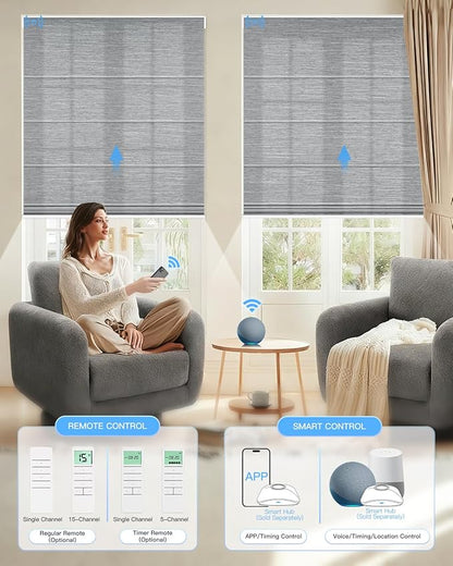 Motorized Roman Shades for Windows, Custom Light Filtering Roman Blinds with Remote, Smart Privacy Window Shades for Living Room Kitchen Office, Alexa & Google Home Compatible, App Control via RF Hub