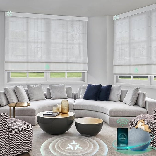 Yoolax Motorized Matter Roman Shades Light Filtering Smart Blinds for Windows Compatible with Alexa, Google Home, Homekit, Automatic Roman Shades with Remote Customized (Strip White)
