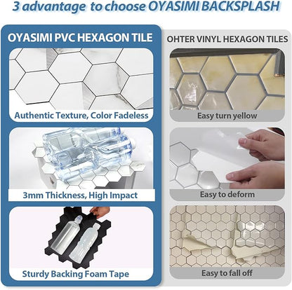 Hexagon Peel and Stick Backsplash for Kitchen Wall,10 Sheets Heat Resistant Stick on Backsplash PVC Smart Tiles, 12'' Gray White Marble Waterproof Peel and Stick Tile for Bathroom